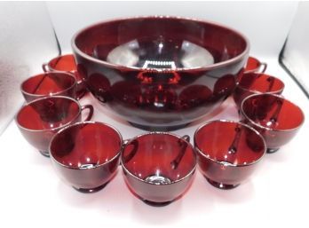 Red Glass Punch Bowl With Glass Mug Set
