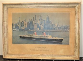 RARE VINTAGE FRAMED LITHO OF THE S.S. UNITED STATES SHIP IN N.Y. HARBOR