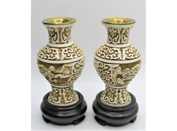 Carved Ivory Effect Asian Vases On Wood Bases - Set Of 2