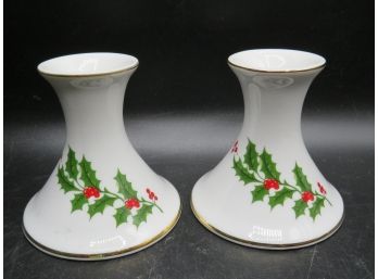 All The Trimmings Holly Design Porcelain Candlestick Holders - Set Of2