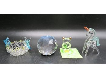 Blown Glass Basket W/birds, Round Paper Weight,  Glass Baron Peridot Bear, Blown Glass Unicorn - Set Of  4