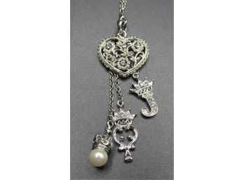 Costume Jewelry, Silver-tone Necklace With Heart & 3 Charms - Letter 'J' , Crown & Faux Pearl With Crown