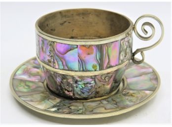 Abalone Shell Mosaic Inlay Demitasse Cup & Saucer