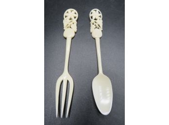 Ivory Colored Floral Carved Serving Fork & Spoon - Set Of 2