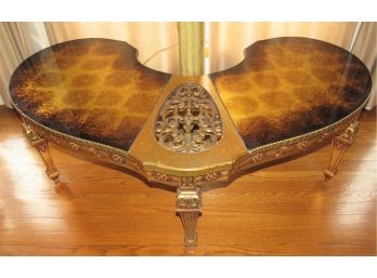 French Vintage Table With Gold-tone Glass Top - Made In France