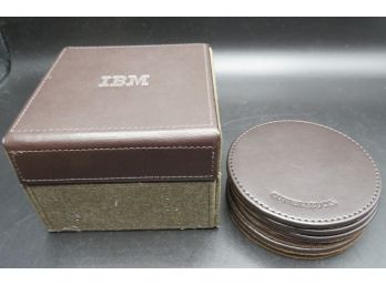 Cutter & Buck Brown Genuine Leather Round Coasters In Box Engraved 'iBM' - Set Of 6