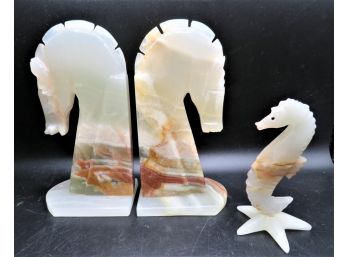 Marble Bookend Horses & Seahorse Figurine