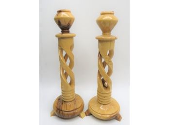Carved Wood Candlesticks - Set Of 2