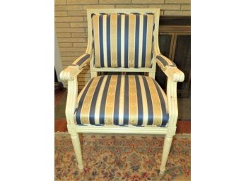 Louis XV Arm Chair - Blue/gold Striped Upholstered Fabric - Made In France