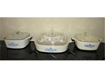 Cornflower Blue Corning Ware Baking Dishes With Lids And 1 Plastic Lid - Set Of 3