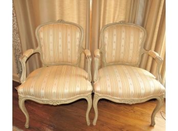 Louis XV Arm Chairs - Ivory Striped/fleur De Lis Fabric Upholstered Chairs - Made In France - Set Of 2