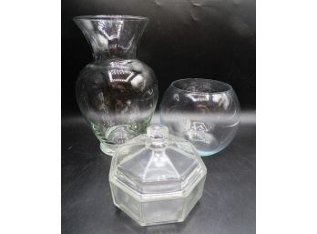 Glass Vase, Bowl And Arcoroc Octagon Jar With Lid - Assorted Set Of 3
