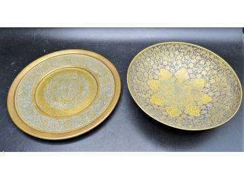 Handmade, Hand Etched Antiques From Iran (Persia) Brass Bowl And Plate- Set Of 2