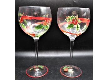 Painted Holiday Holly  Wine Glasses - Set Of 2