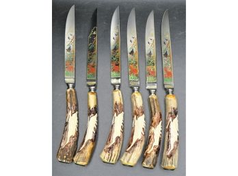 Anton Wingen Jr. Solingen Germany Stag Handled Hand Carved Knives - Set Of 6