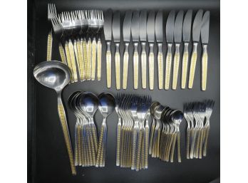 Prinz Neosil Greek Key Stainless Steel & Gold Plated Flatware Set