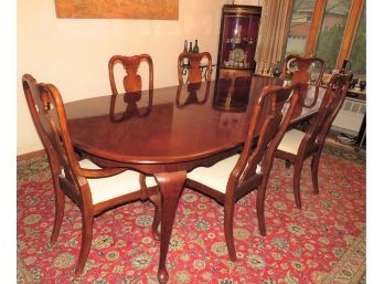 American Drew Dining Table & 6 Chairs - Wood With Fabric Upholstered Chairs, Two Leaves
