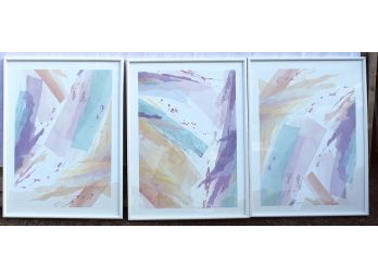 1970's Cool Set Of 3 White Framed Abstract Prints (lot025)