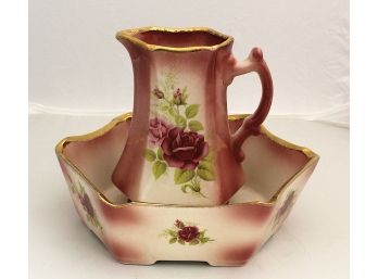 Staffordshire Ironstone Pink Roses Vintage Wash Jug And Hexagon Basin (lot072)