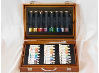 Art Supply Kit W/ Colored Pencils Crayons Markers & Paints In Wood Carry Case