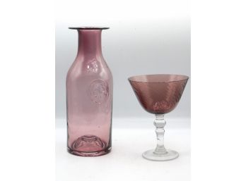Mikasa Amethyst Wine Glass & Colored Glass Milk Bottle