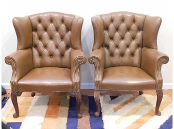 English Style Wingback Tufted Back Leather Nailhead Armchairs Lot Of 2