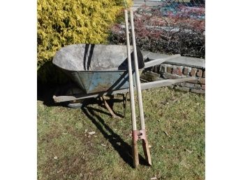 Metal Wheel Barrow With Wood Handle / Post Hole Digger