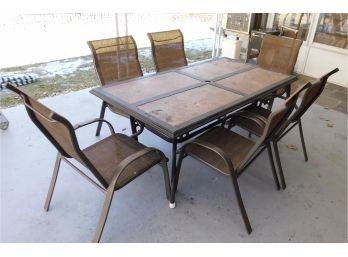 Outdoor Aluminum Tile Top Table With 6 Aluminum Mesh Chairs