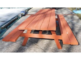 Solid Wood Red Painted Picnic Table With Two Benches Attached