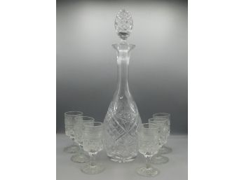 Cut Glass Decanter With Stopper And 6 Footed Glasses