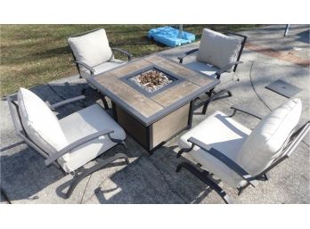 Wrought Iron Tile Top Propane Fire Pit Set With 4 Wrought Iron Cushioned Chairs