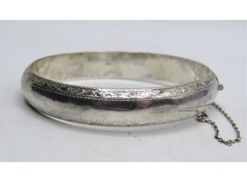Sterling Silver Etched Bangle Bracelet With Safety Chain