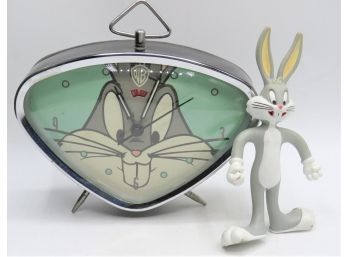 Warner Bros. Bugs Bunny Wind Up Alarm Clock Looney Tunes Collectible & Bugs Bunny Bendable Figurine