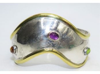 Sterling Silver Two-tone Cuff Bracelet With Three Stones, Red/green/purple