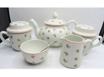 Pillivuyt France Decor Grand Feu, Lave Vaisselle Teapot, Sugar Bowl, Creamer, Teacups With Lids