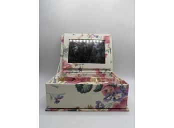 Floral Fabric Covered Jewelry Box With Mirror Under Lid