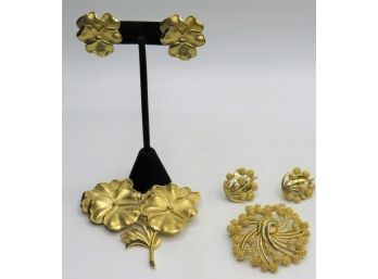 Trifari Clip On Earrings And Pins - 2 Sets Gold-Tone