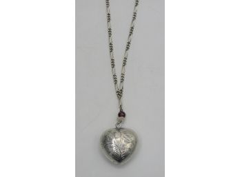 Sterling Silver Puffed Heart Necklace With Red Stone