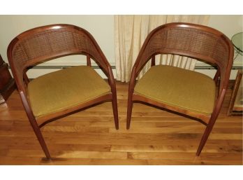 RARE Drexel Furniture Mid Century Cane Back Wooden Barrel Chair With Cushion - 2 Total