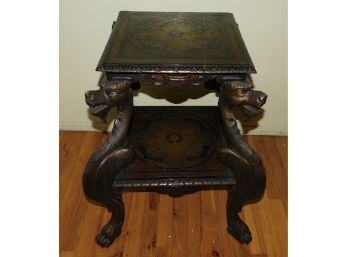 RARE Antique Oriental Hand Carved Dragon Motif Mother Of Pearl Inlaid Two-tier End Table Paw Footed.