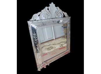 Vintage Venetian Etched Glass Floral Pattern Wall Mirror With Wood Frame