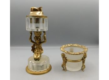 Vintage Gold-tone Cherub Style Table Lighter With Footed Glass Tea Light Holder