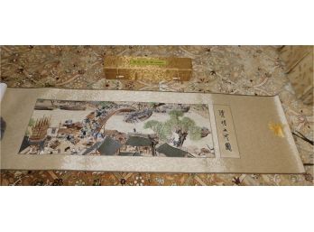 Vintage Hand Embroidered Asian Inspired Tapestry Scroll With Silk Box