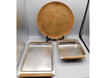 Circular Wooden Serving Tray & Two Metal Trays With Wooden Handles