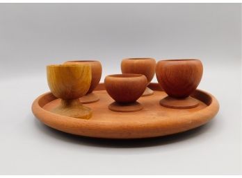 Wooden Tray With Various Sized Wooden Shot Glasses