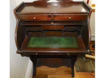 Vintage Wood Roll Top Desk W/Dovetail Drawers & Leather Writing Surface