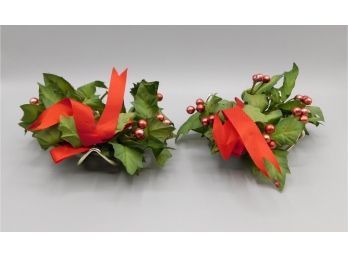 Faux Holly Berry Decorated Metal Candlestick Holders