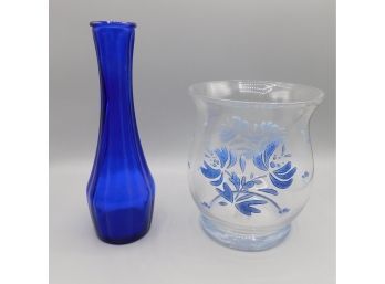 Pfaltzgraff Glass Decorative Bowl With Blue Glass Bud Vase