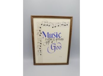 Ingrid Zoll 1983 Signed 'music Is A Fair & Glorious Gift Of God' Framed Artwork