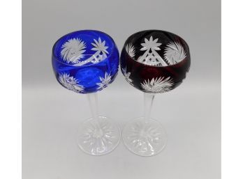 Vintage Bohemian Cobalt Blue & Deep Red Wine Hock Glasses - Set Of Two